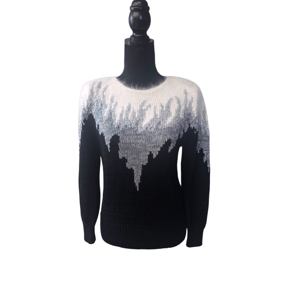 Vintage Christine Womens Silver Lurex Angora Blend Sparkle Sweater Black White M